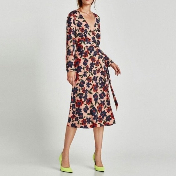 NEW ZARA Trafaluc Collection Floral Flower Print Belted Midi Dress Small - Picture 1 of 8